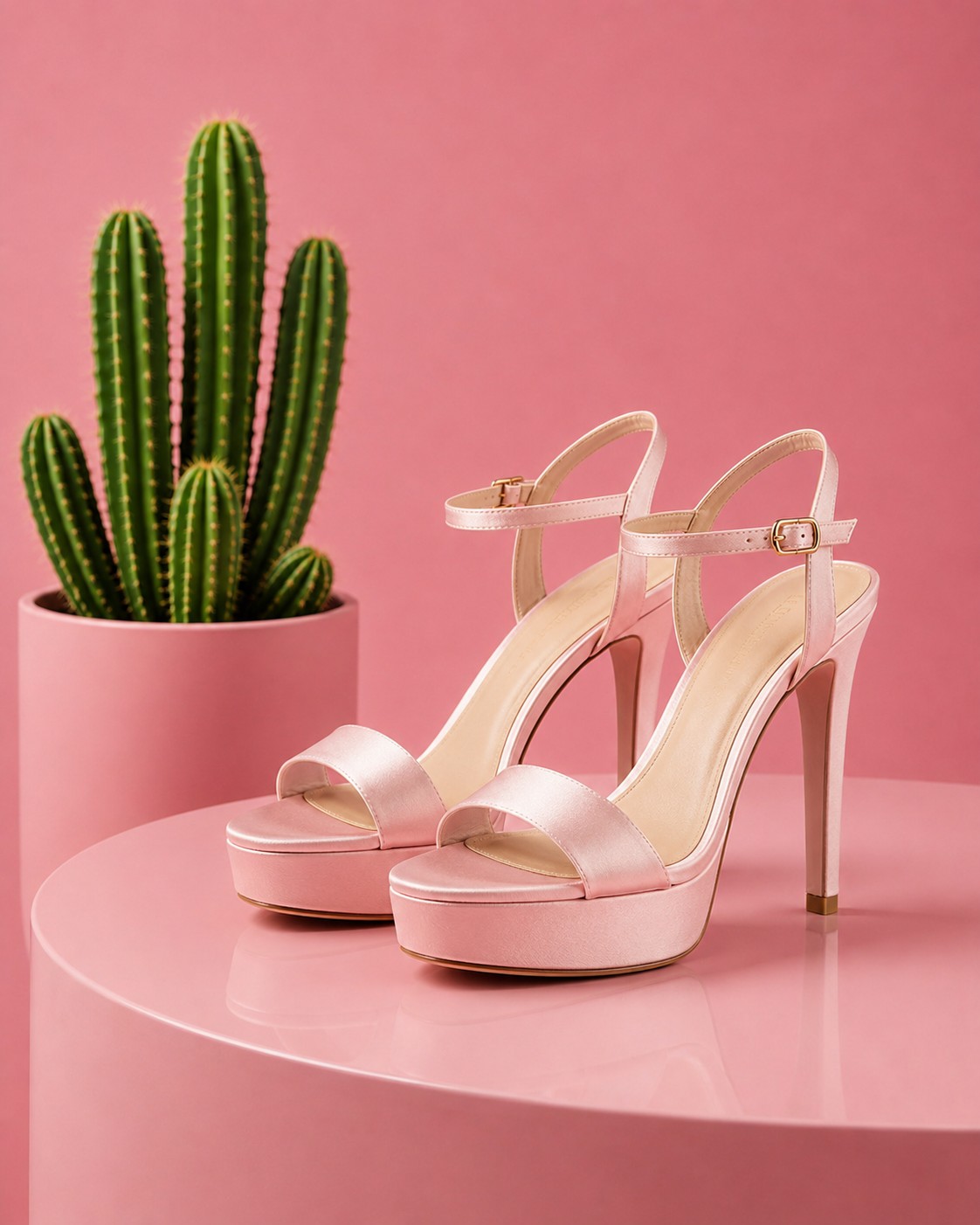 Pair of blush satin platform sandals with an ankle strap on a tall heel, beside a cactus on a blush pedestal