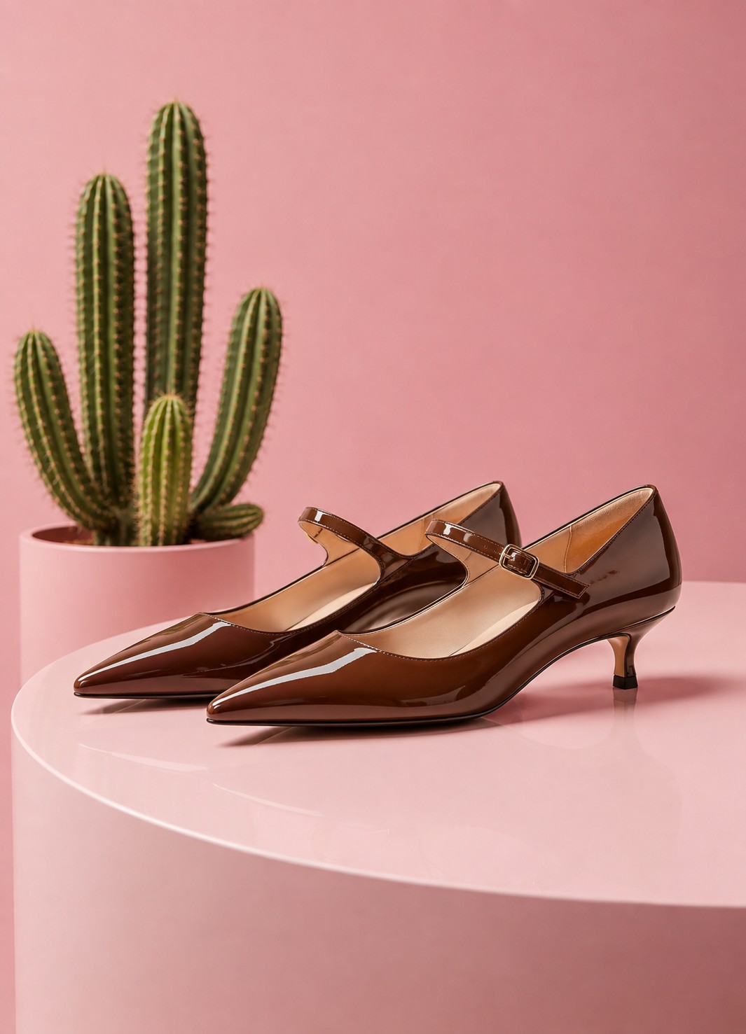 Pair of chocolate patent-leather Mary-Jane shoes with a slim ankle strap and gold buckle on a kitten heel, beside a cactus