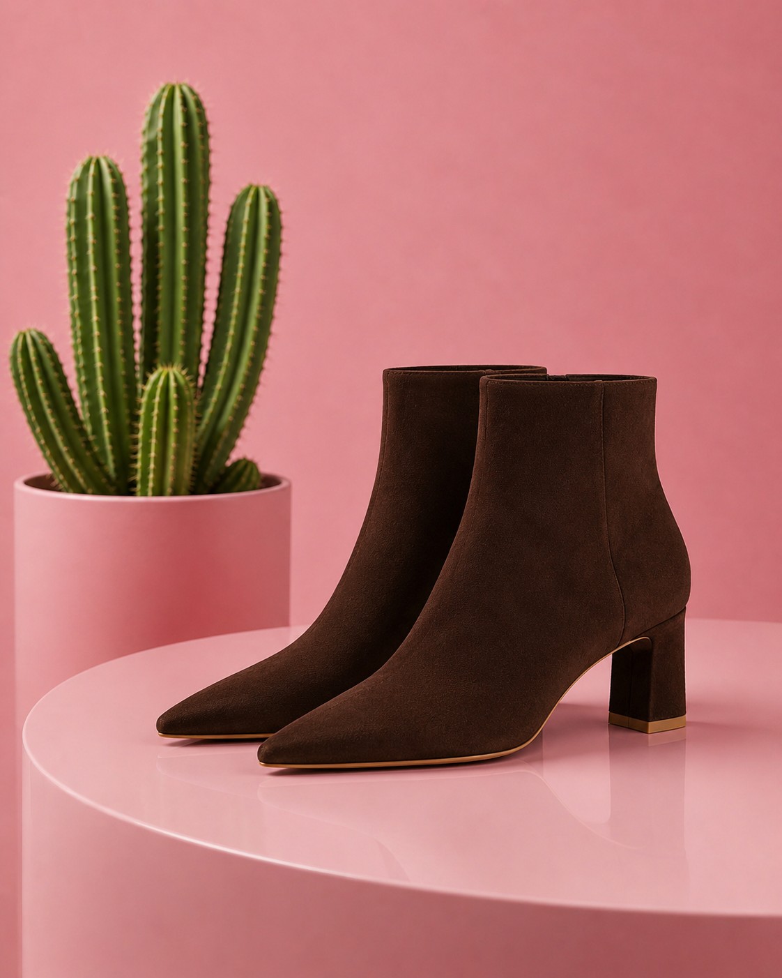 Pair of chocolate suede ankle boots with a slim block heel and pointed toe, beside a cactus on a blush pedestal