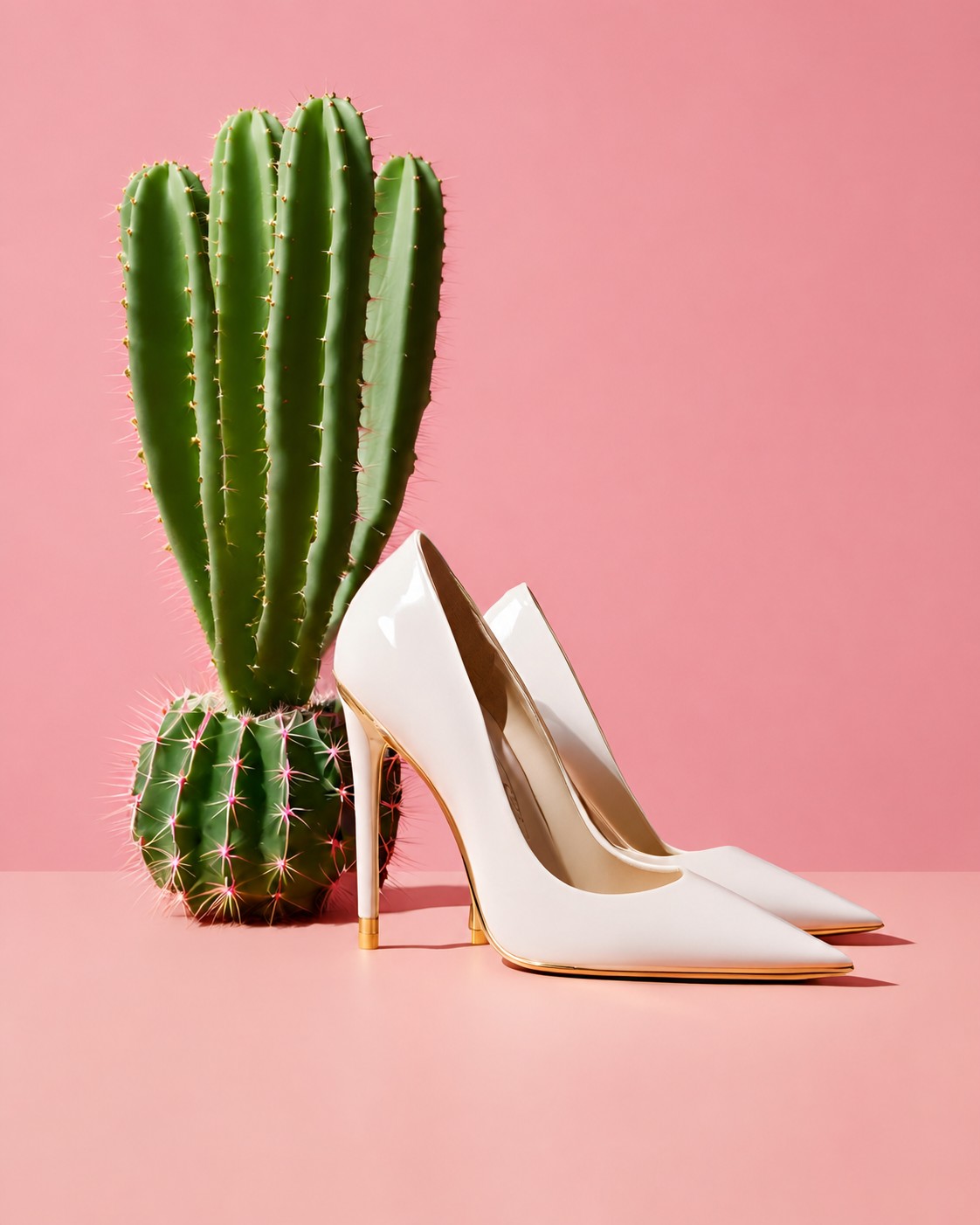 Ivory pointed-toe pump with gold trim, styled beside a desert cactus on a blush backdrop