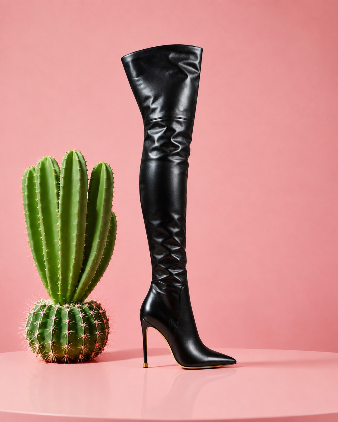 Black leather over-the-knee stiletto boot with a pointed toe and gold-tipped heel, standing beside a cactus on a blush pedestal