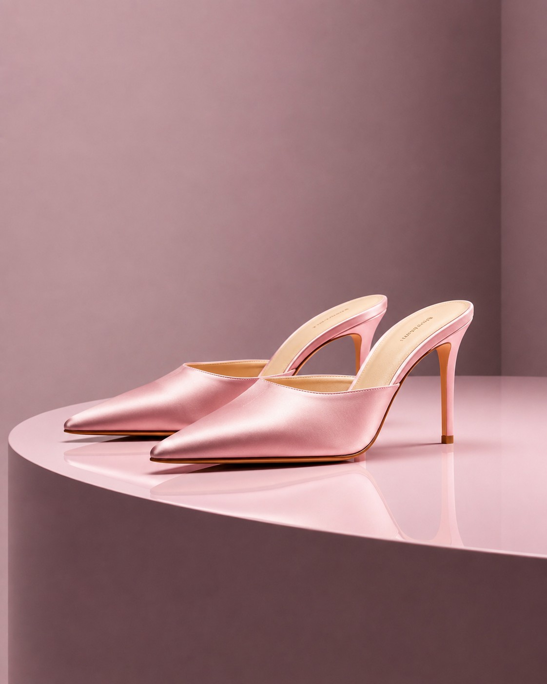 Pair of blush satin pointed-toe mules on a slender stiletto heel, on a glossy blush pedestal