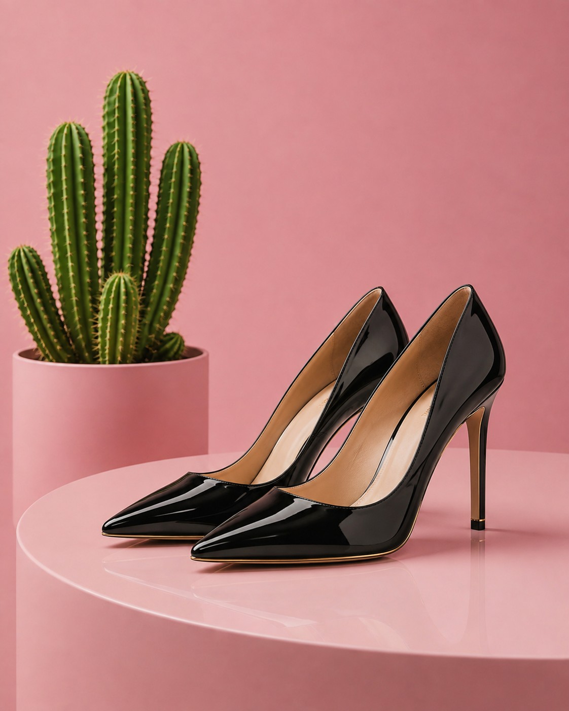 Pair of black patent-leather pointed-toe pumps on a stiletto heel, on a glossy blush pedestal