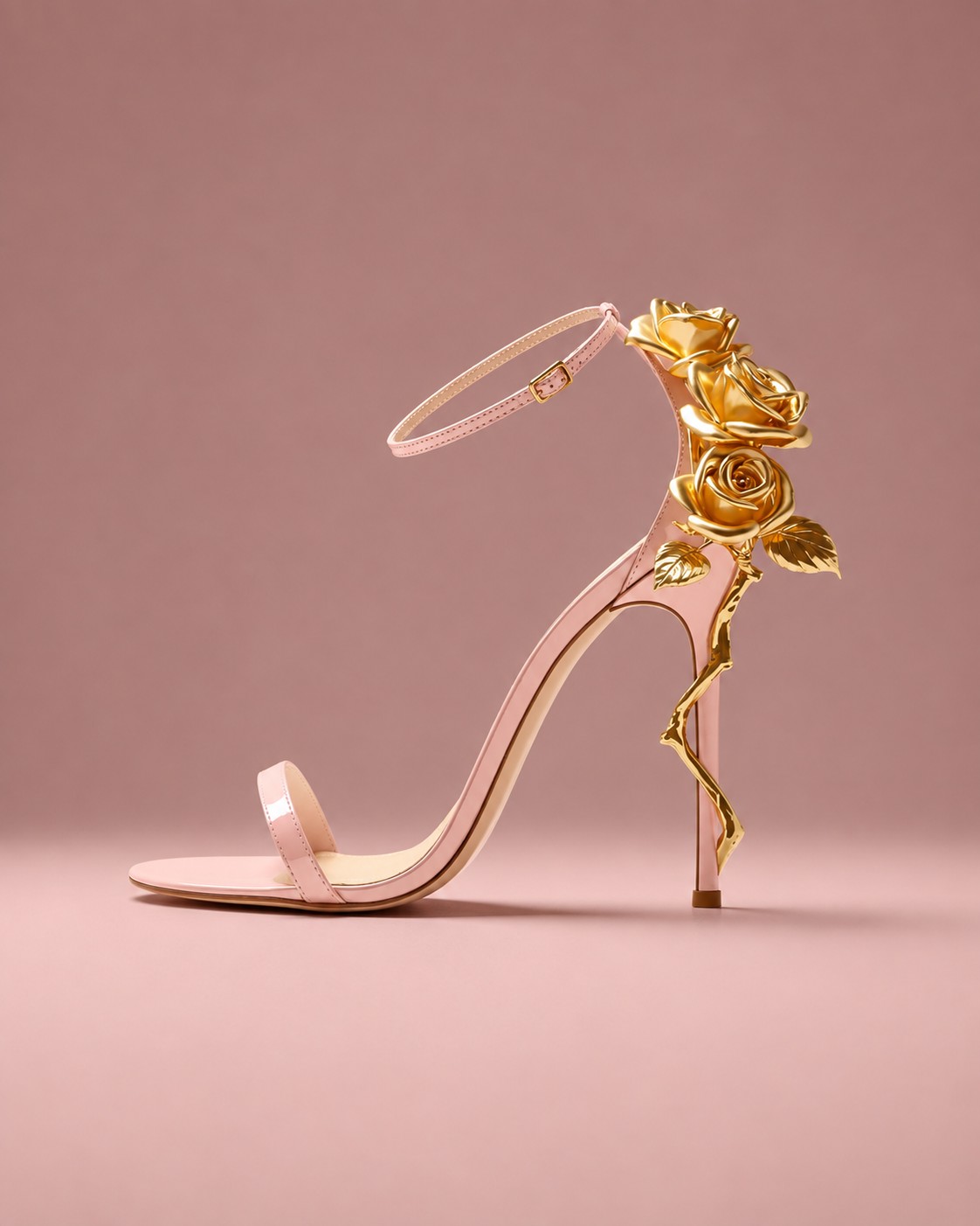 Blush pink ankle-strap sandal with a sculpted gold rose heel, on a dusty rose backdrop