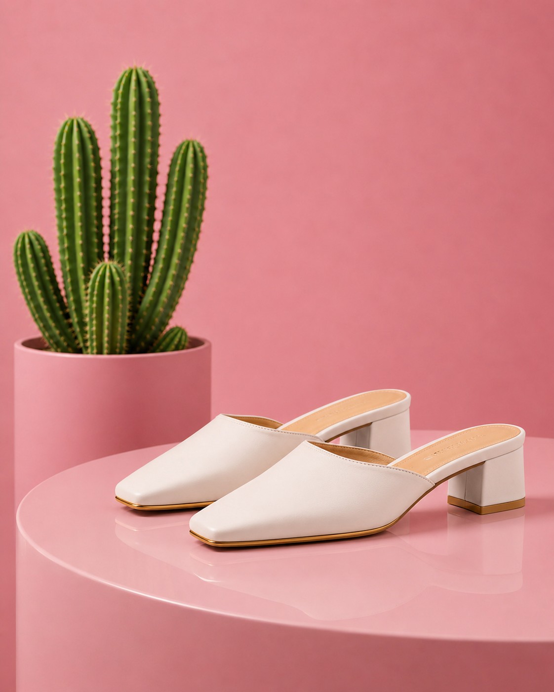 Pair of ivory leather mules with a square toe on a low 35mm block heel, on a glossy blush pedestal