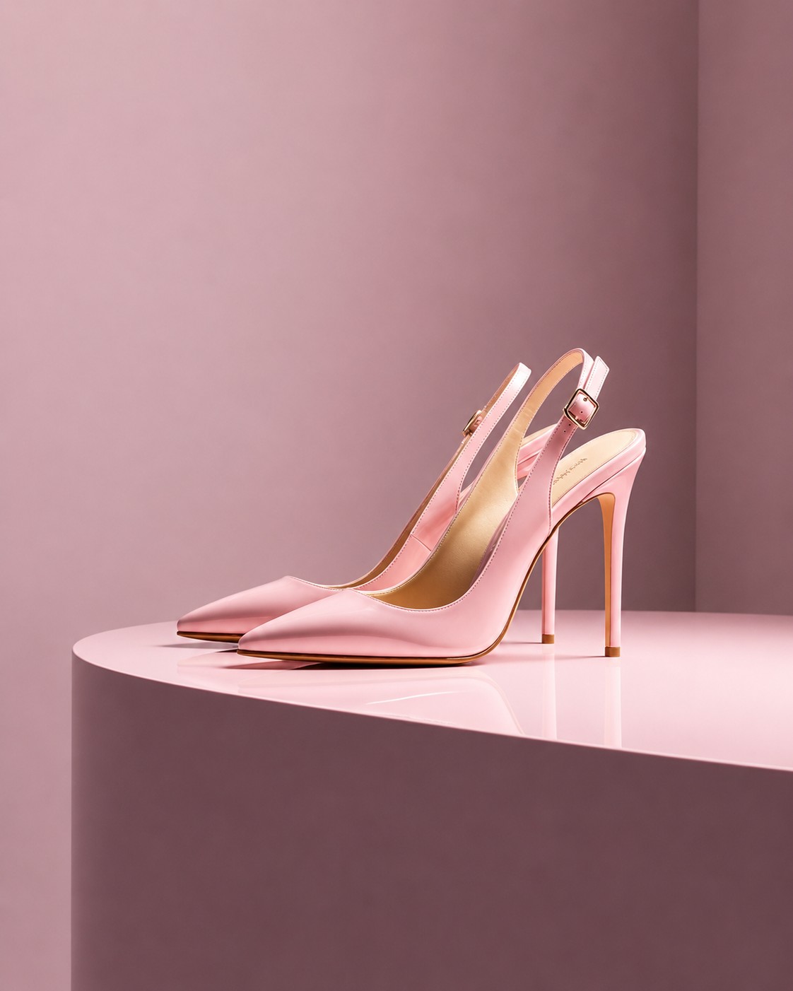 Rose pink slingback pump with a slender stiletto heel on a pink pedestal