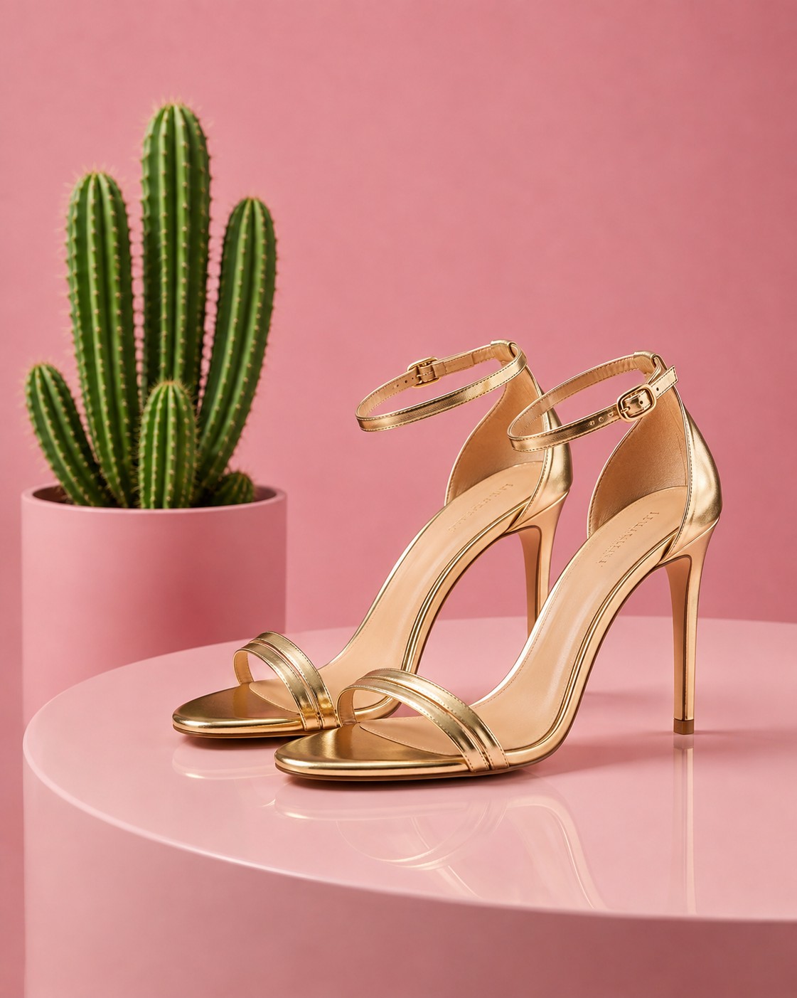 Pair of brass metallic leather strappy sandals with thin toe straps and a slim ankle strap on a stiletto heel