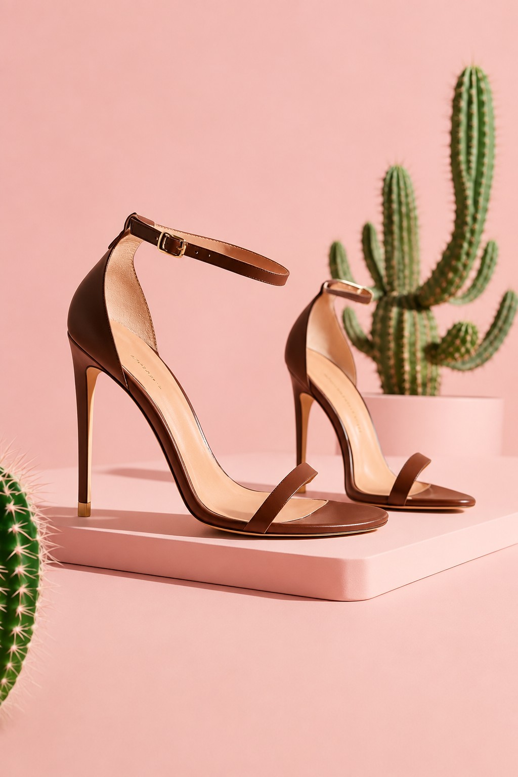 Chocolate brown leather ankle-strap stiletto sandal with a gold buckle, on a blush pedestal beside a cactus