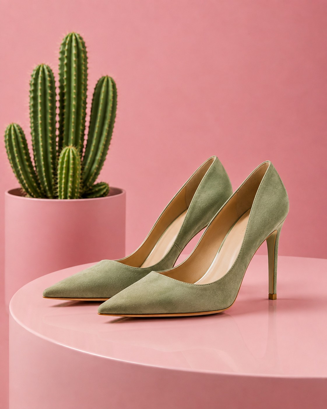 Pair of sage green suede pointed-toe pumps on a stiletto heel, beside a cactus on a blush pedestal